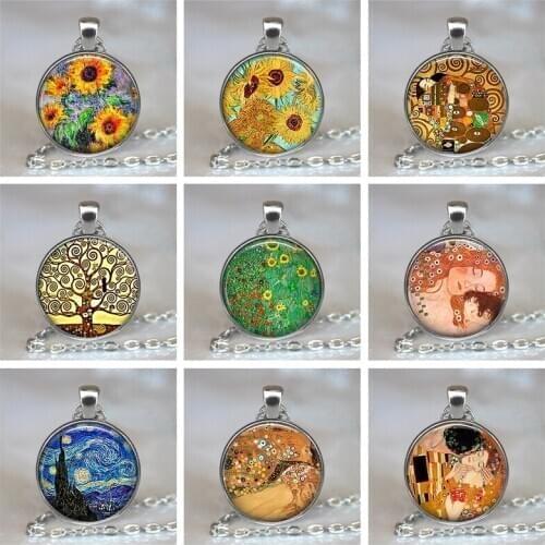 2019 New Fashion Van Gogh Sunflower Starry Night Glass Cabochon Pendant Statement Necklaces Jewelry Handmade Gifts for Women Men
