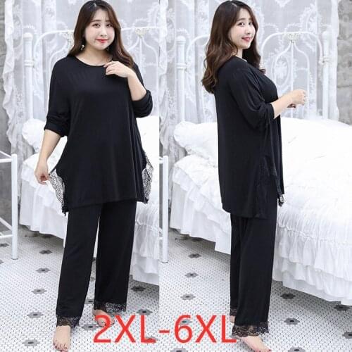 New autumn winter women plus size suits loose long sleeve underwear pajamas lace sets clothes home wear black 4XL 5XL 6XL