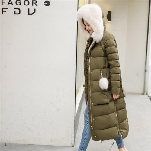 Winter Womens Down Jacket Large Fox Fur Feather Jackte Female Coats Long Thick Hooded Overcoat High Quality LX856