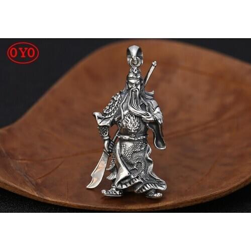 S925 sterling silver three-dimensional god of wealth Guan Gong pendant jewelry Thai silver fashion personality sweater chain pen