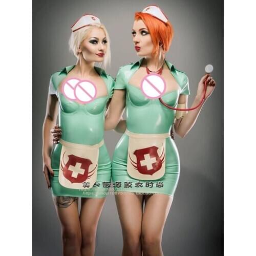 Sexy Women Latex Fetish Rubber Nurse Dress Lingerie Doctor Dress Outfit Hot Temptation Costume Apron