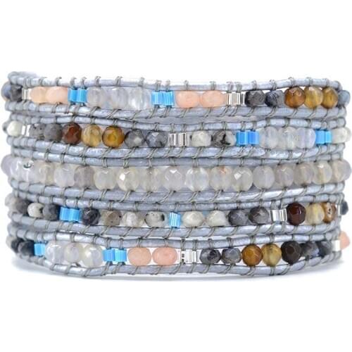 Boho Mixed Natural Stone Vintage Chic jewelry 5 Strands Adjustable Size Leather Wrap Bracelet