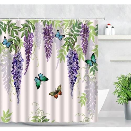 Waterproof Fabric Bathroom Curtains Purple Flowers Wisteria Plant Butterfly Pattern Printing Modern Nordic Decor Shower Curtain