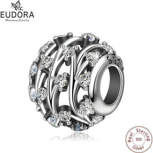 EUDORA Unique 925 Sterling Silver Clear Cubic Zirconia Round Bead Charms & Necklace Beads fit Women Bracelets DIY Jewelry CYZ72