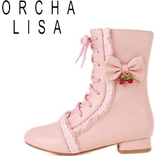 New Ladies Ankle Boots Women Shoes Sweet Lace Lolita Lovely Cosplay Platform Ladies low Heels Boots Woman Plus Size 48