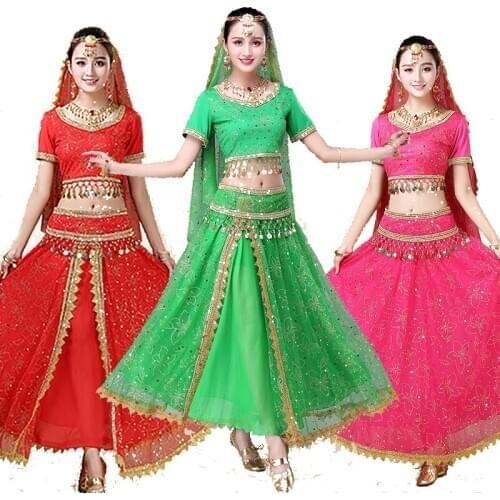 Fashion Oriental India Dance Costumes Set For Women Short Sleeves Top Shirt+Skirt Belly Dancing Clothes Adult Stage Dance Wear