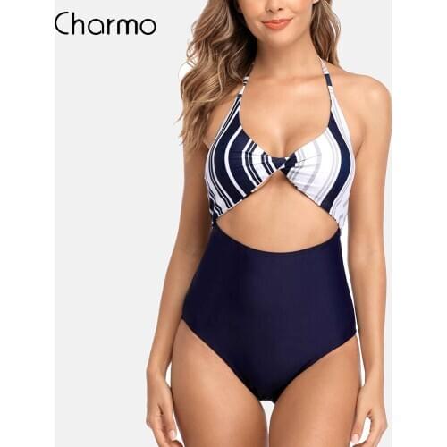 Charmo Women Monokini Swimsuit Swimwear Back Bandage Colorblock Print V-Neck Sexy Bathing Suit Beachwear