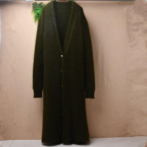 Pull femme women winter hairy 100% mink cashmere knitted deep v-neck long sleeves long cardigans angora fur jacket coat sweater