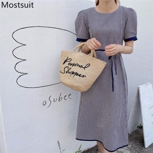 Korean Plaid Women Long Dress 2021 Summer Short Sleeve O-neck Sashes Midi Dresses Vintage Fashion Female Vestidos Femme
