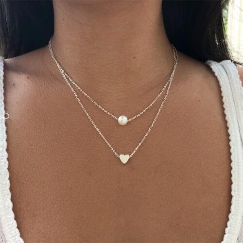 2019 New Fashion Gold Color Double Chain Choker Imitation Pearl Necklaces Delicate Heart Pendant Necklace For Women Bijoux