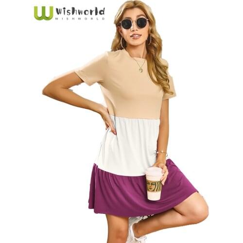Spring/summer 2021 New Solid Dress Skirt of Women Leisure O Neck Ladies Fashion Loose Stitching Dress with Short Sleeves