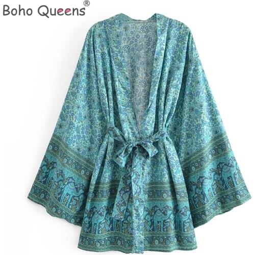 Boho Queens women floral print bat sleeve beach Bohemian kimono dresses Ladies V neck rayon cotton short robe Kimono