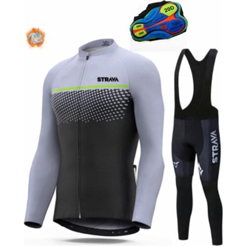 STRAVA Custom Logo Name Designed Long Sleeve Winter Fleece Bike Kits Cycling Suit Clothing Thermal Jersey Jacket Bib Pants Set