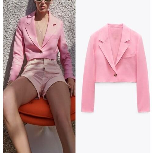ZA 2021 Pink Cropped Blazer Woman Shoulder Pads Long Sleeve Office Lady Blazers Coat Women Fashion Single Button Ourerwear Top