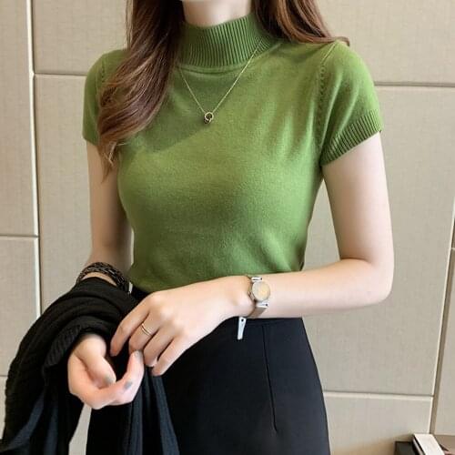 25# Turtleneck Sheath Blouse Women Summer Casual O-neck Solid Short Sleeve Multicolor Blouse Short Length Slim Tops Топ Женский