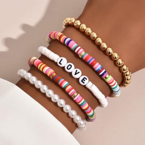 Bohemian Ethnic Hamdmade Multicolor Bracelet Sets For Women Fashion Letters Pearl Beads Bracelet Couples Boho Jewelry