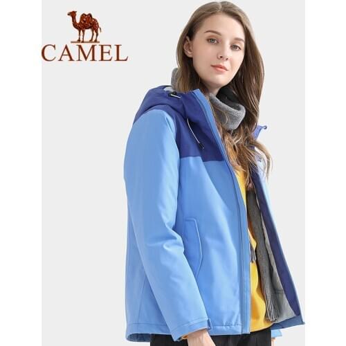 CAMEL Official Men Women Outdoor Cotton Jacket Winter Color Block Waterproof Jacket Mountain Climbing Coats Keep Warm Clothing