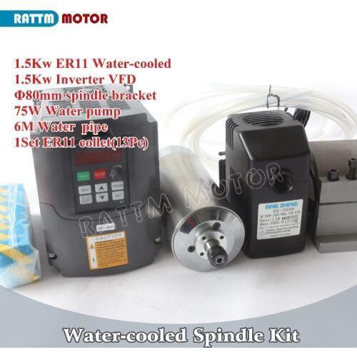 1.5KW Water-cooled spindle motor ER11 24000rpm & 1.5kw Inverter VFD 220V & 80mm Clamp & 75W Water pump/pipes with 1set Collet