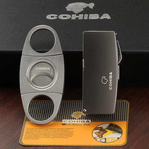 COHIBA Gadgets Metal Cigar Cutter Guillotine Built-in Punch Stainless Multifunctional Gas Cigar Cigarette Lighter With Gift Box