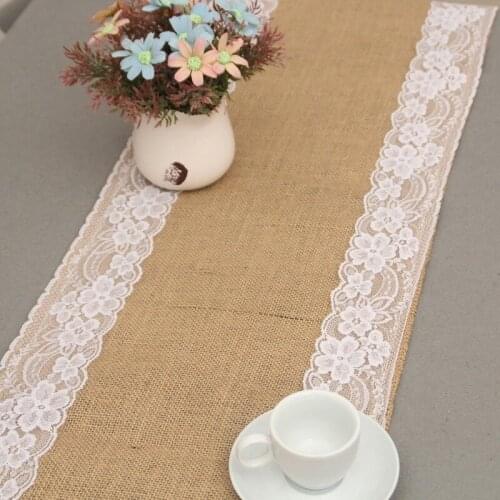 30*275cm Burlap Table Runner with Lace Rustic Natural Jute Hessian Table Cloth for Christmas Wedding Party Decoration