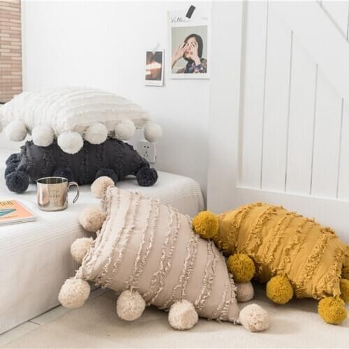 Nordic Linen Cotton Square Decorative Cushion Cover Cute Plush Ball Sofa Bed Room Textile Adult Child Lover Beauty Home Decor