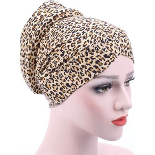 Leopard Muslim Hat Women Turban Hats Print Indian Cap Stretchy Soft Beanies Hat Bandana For Lady