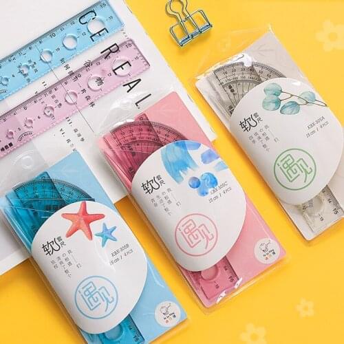 4pcs/set Soft Straight Ruler 15cm/20cm Bendable Folding Ruler Triangular Ruler Protractor Student Stationery Kawaii Accessories