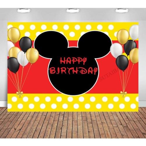 Mini Mouse for Birtday Backdrop Black Mouse and Balloon Photo Background Baby Birthday Party Photography Backdrops Cake Table