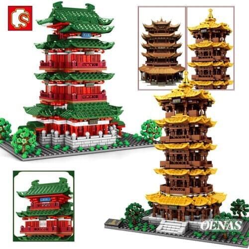 MOC Chinese Ancient Street Yellow Crane Tower Pavilion Of Prince Teng Old Architecture Model Building Blocks Kids Toys Boys Gift