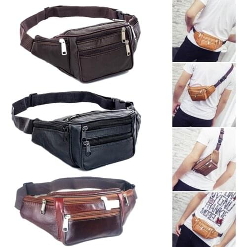 Fashion Men Genuine Leather Waist Bag Multi-pocket and Multiple Zipper Belt Bag Adjustable Belt Fanny Pack Shopping Phone Bags