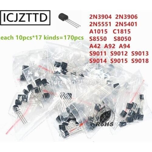 170PCS each 10pcs,17kinds TO-92 2N3904 2N3906 2N5551 2N5401 A1015 C1815 S8550 S8050 A42 A92 A94 S9018 S9015 transistor package