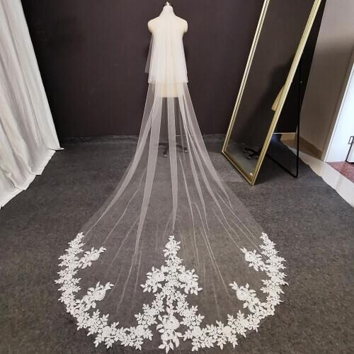 Real Photos 2 Tiers Long Lace Wedding Veil with Blusher 3 M White Ivory Soft Tulle Bridal Veil Wedding Accessories