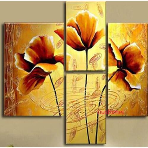 Hand Painted Pictures Yellow Flowers Oil Paintings On Canvas Art For Living Room 4pcs/set Group Pictures On Wall
