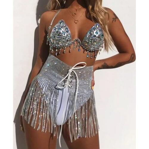Sexy Rhinestone Sequins Tassel Skirt Cover Up Glitter Tassel Sequins Lace Up Bikini Skirt Nightclub Party Mini Skirt for Lady