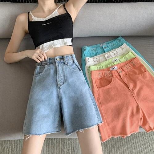 Adjustable Denim Shorts Women Summer New Bermuda High Waist Jeans Pockets White Shorts Wide Leg Candy Colors Beach Sexy Hot Pant