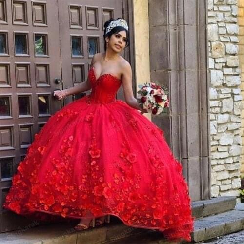 Modern Red Quinceanera Dresses with 3D Flowers Applique Corset Top Beaded Vestidos de XV años Ball Gown Sweet 16 Dress Plus Size