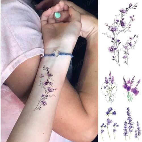 Waterproof Temporary Tattoo Sticker Purple Lavender Flash Tatoo Watercolor Flowers Plants Wrist Fake Tatto For Body Art Women