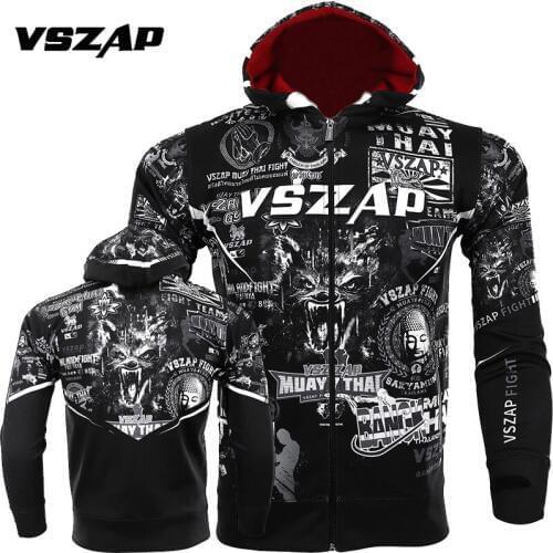 VSZAP Muay Thai Long Sleeve Hoodie Fighting Jacket Fitness Sweatshirt Elastic Warm Clothes MMA Hooded Jersey Training Kick