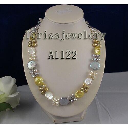 Handmade Pearl Necklace Multicolor Genuine Freshwater Pearl Necklace Natural Coin And Rice Pearl Jewelry 18inch Magnet Clasp