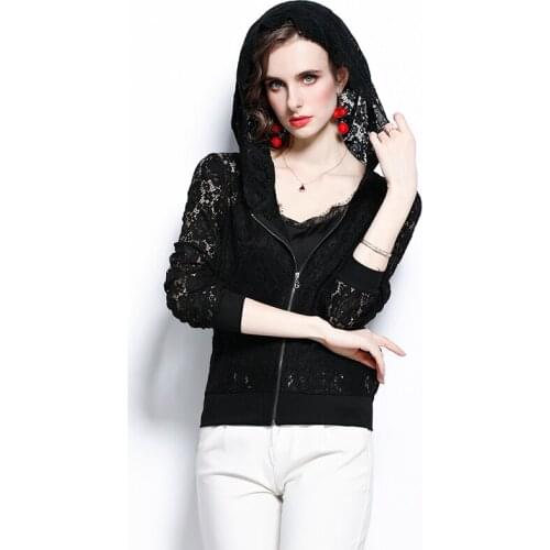 WKFYY Women Elegant Causal Solid Lace Hollow Out Elasticity V-Neck Zipper Pockets Puff Sleeve Hooded Jacket Short Coat C4001