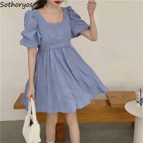 Women Short Puff Sleeve Dresses Solid Retro Fashion French Style Square Collar Ruffles Sweet Fairy Elegant Chic Pleated Ulzzang