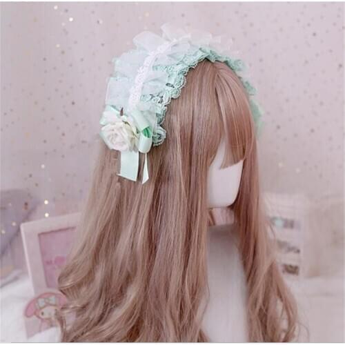 Mori Girl Fairy Princess Rose Hair band Mint Green Lace Bowknot Headdress Lolita Headwear Headband Hairpin B1321
