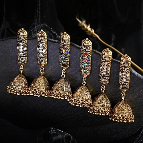 Jhumka Kolczyki Earrings For Women Accessories Jewelry Vintage Gold Color Earring With Rhinestone Bohemia Aesthetic Bells Bead