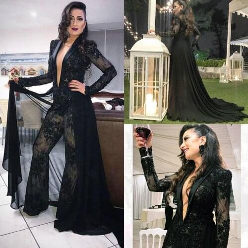 Black Prom Jumpsuit With Long Train Deep V Neck Chiffon Lace Appliqued Beaded Evening Dress Elegant Formal Gowns Party Wear