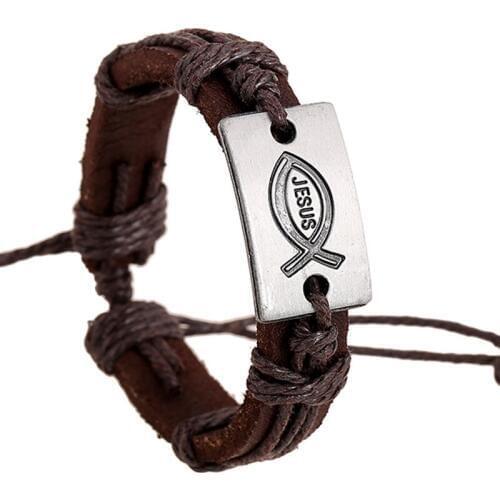Winter Casual Leather Bracelets Men Jewelry Jesus in Fish Charm Wrap Bracelet Woman or Girls Brown Hand Woven Retro Style
