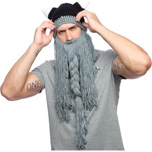 Winter Mens Knit Hat Viking Horn Hat Long Beard Holiday Party Wool Hat