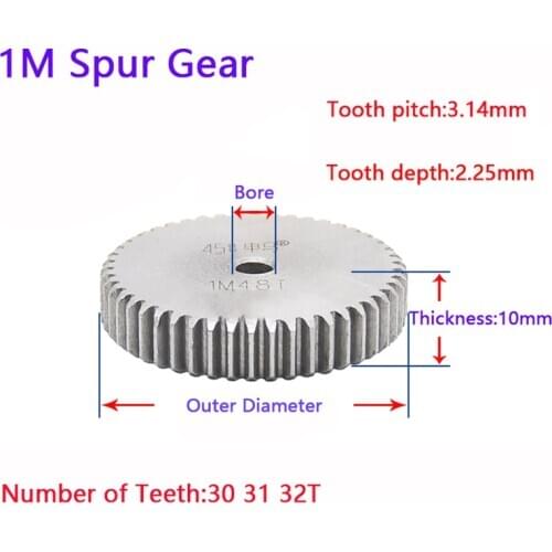 2pcs Spur Gear 1M 21 22 23 24 25 26 27 28 29 30 31 32T Thickness 10mm 45#Steel No Steps On Two Planes Unhardened Tooth Surface