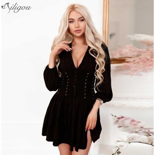 Ailigou 2021 New Summer Fashion White Black Dress Cross Tie Design Puff Sleeve Sexy V-neck Celebrity Party Club Mini Dress