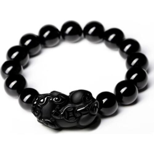 Healing Crystals Obsidian Bracelets Feng Shui Black Tourmaline lemurian quartz crystals Bead Diameter 14mm * 13 with a pixiu