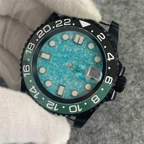 For NH35 40mm Watch Case Black PVD Coating Light Blue Dial Ceramic Bezel Watch Case for NH36/4R36 Movement Modification Kits